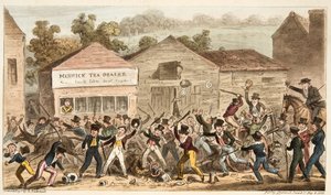 The Tea Pot Row at Harrow, eller Battle of Hog Lane, fra The English Spy, pub. 1824 (håndfarget gravering) av Isaac Robert Cruikshank