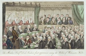 Jomfrubrevet, Dick Gradus første opptreden blant de verdige i Westminster Hall, publisert 1824 av Isaac Robert Cruikshank