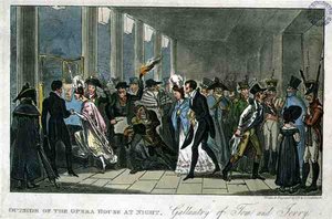 Utenfor operahuset om natten: Gallantry of Tom and Jerry, fra "Life in London" av Pierce Egan