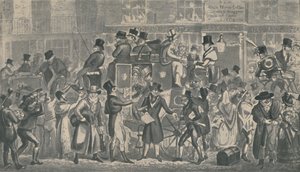 Utenfor White Horse Cellar, Piccadilly, 1821, 1920. Kunstnere: Isaac Robert Cruikshank, George Cruikshank. av Isaac, Robert and George Cruikshank