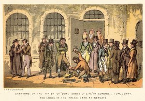 Symptomer på slutten av noen slags liv i London, Tom, Jerry og Logic, i Press Yard, ved Newgate av Isaac, Robert and George Cruikshank