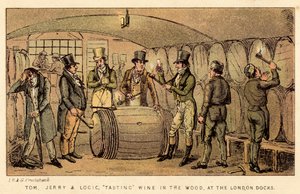 Tom, Jerry og Logic, smaker vin i skogen, ved London Docks av Isaac, Robert and George Cruikshank