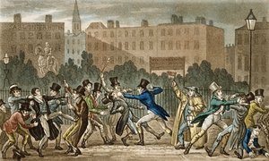 Tom, Jerry og Logic Involved in a Night Fight, fra "Life in London" av Pierce Egan (1772-1849), 1821-22 (farget akvatint)