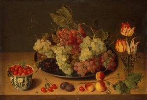 Stilleben med frukt og blomster (olje) av Isaac Soreau