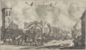 Franske tropper marsjerer plyndring og skyting gjennom ruinene av landsbyen Nigtevecht, 1672 Serie på tretten bilder av landsbyene og slottene i provinsen Utrecht ødelagt av franskmennene i 1672 (serietittel) av Isaac Sorious