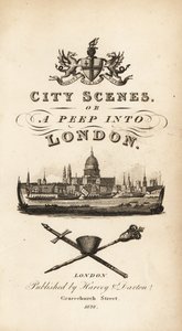 Kalligrafisk tittelside med vignett av byen London med Saint Paul