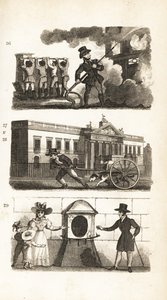 Brannmotoren, tegning av varer på en lastebil, East India House og London Stone av Isaac Taylor