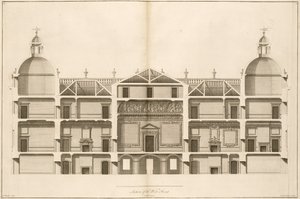 Houghton Hall: del av vestfronten, gravert av Pierre Fourdrinier, 1735 (se også 64902 og 64903) av Isaac Ware