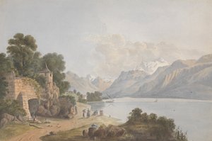 Fjelllandskap med innsjø, port og figurer av Isaac Weld