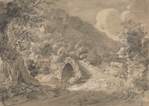 Fjelllandskap med bro og hus av Isaac Weld