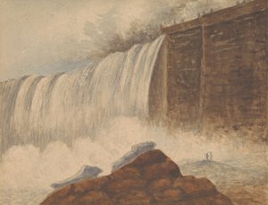 Utsikt over Niagara Falls med to figurer på stein i høyre forgrunn av Isaac Weld