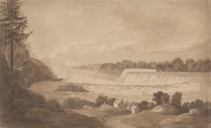 Utsikt over Niagarafallene med fossen i bakgrunnen, til høyre og landskapet med hus i forgrunnen av Isaac Weld