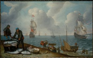 Fiskere med fangst på stranden, krigsskip i en bukt av Isaac Willaerts
