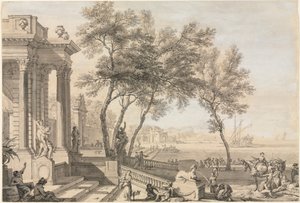 Fantastisk havnescene med arkitektur og figurer av Isaac de Moucheron