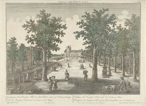 Utsikt over Buitenhof i Haag Vue du Buyten-Hof, a la Haye. (tittel på objekt) av Isaac van Haastert