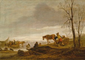 Et vinterlandskap med figurer på en frossen elv