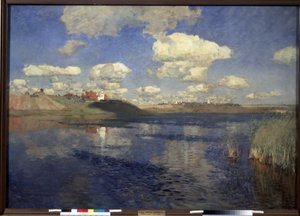 Innsjøen. Utsikt over vidden av innsjøen omkranset av siv, ved bredden, en landsby og dyrkede åkre. Maleri av Isaac (Isaak) Ilyich Levitan (1860-1900), olje på lerret av Isaak Ilyich Levitan