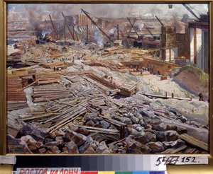 Generell utsikt over Dnepr vannkraftstasjon. Maleri av Isaak Izrailevich Brodsky (Brodsky) (1884-1939). Olje på lerret av Isaak Israilevich Brodsky