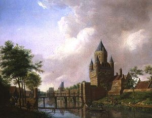 Utsikt over Kleine Houtpoort, Haarlem av Isaac Ouwater