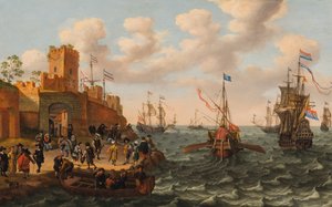 En nederlandsk tremester og en pavelig bysse med annen frakt langs kysten av en befestet by, ca. 1662 (olje på panel) av Isaak Willaerts