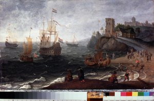 Fiskemarked på stranden (fiskemarked ved kysten). Maleri av Isaac Willaerts (1620-1693). Olje på tre, 35,5 x 67 cm, rundt 1640. 1600-tallets nederlandsk kunst. Statens museum for historie og kunst, Serpukhov (Russland). av Isaak Willaerts