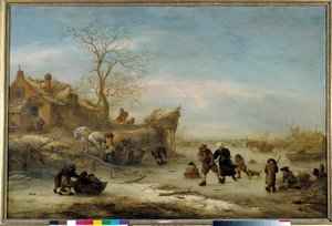 Canal gele med par skøyter Maleri av Isaak Van Ostade (1621-1649). 1600-tallets søn. 1x1,49 m