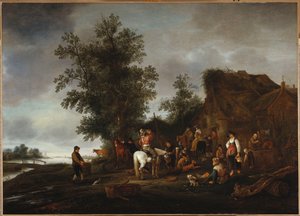 Reisende som forfrisker seg på en taverna ved elven, 1664