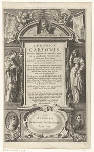 Tittelside for Chronica Carionis av P. Melanchthon Chronica Carionis fra begynnelsen av verden aen tot den Keyser Carolum (tittel på objekt) av Isaeck van Aelst
