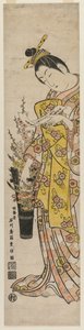 Courtesane som leser et diktslipp bundet til blomster i en vase av Ishikawa Toyonobu