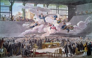 Fransk revolusjon: "" Le oath du jeu de Paume le 20 juin 1789"" Deputatene sverger å ikke skille seg ut før en grunnlov er korrigert. Gravering av Isidore Helman (1743-1809) 1789 Paris, B.N.