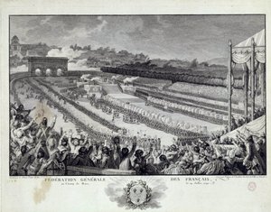 Den franske revolusjonen: syn på festen til General Federation of French Departments på Champs de Mars i Paris 14.07.1791. Illustrasjon av Isidore Helman (1743-1809) Paris fra 1700-tallet, Musee Carnavalet av Isidore Stanislas Helman