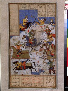 Islamsk kunst: kamp mot hærene til Kai Khosrow (Khosro) shah fra Iran til Touran. (Kampen mellom iranere og turanere på Kai Khosrows tid) Persisk miniatyr dekk av et manuskript av det episke diktet ""Shahnameh"" (Shah Nama, Shah av Islamic School