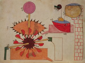 Diagram over et system for å pumpe vann inn i et basseng, fra Book of Knowledge of Genious Mechanical Devices av Al-Jazari, 1206 av Islamic School