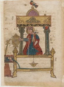 Håndvaskautomat med spylemekanisme, folio fra The Book of Genious Mechanical Devices; av Al-Djazari, 1315 (ugjennomsiktig wc, blekk og gull på papir) av Islamic School
