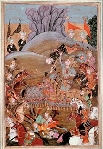 Islamsk kunst: "" Rustams første kamp mot Afrasiab"" persisk miniatyr fra et manuskript av det episke diktet "" Shahnameh""" (Shah Nama, Shahnama) (Kongenes bok) av Ferdowsi (Firdawsi, eller Ferdawsi, eller Firdousi, ca. . 940-rundt 1020) (ms. 607) Chantil av Islamic School