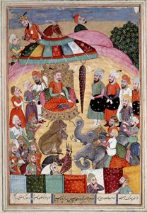 Islamsk kunst: "" Sohrab (Saharab) foran kongens telt"" Persisk miniatyr fra et manuskript av det episke diktet "" Shahnameh"" (Shah Nama, Shahnama) (Kongenes bok) av Ferdowsi (Firdawsi, eller Ferdawsi, eller Firdousi, ca. 940-rundt 1020) (ms. 607) Chantil av Islamic School