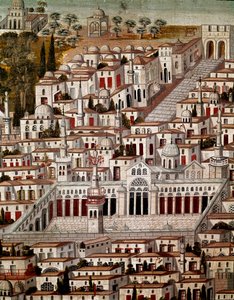 Islamsk kunst: Utsikt over Damaskus med Den store moskeen til Umayyadene i Damaskus (705-715). Anonymt syrisk maleri fra 1600-tallet. Syria, Damaskus, Azem Palace eller Azm.