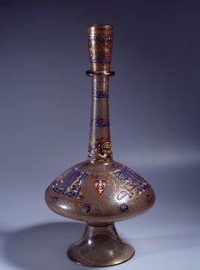 Islamsk kunst: flasken har lenge enamed glasshals av visekong Tuquztemur. 1345 ca.. fra Egypt eller Syria. Dim. 50 cm. Paris, Louvre-museet av Islamic School
