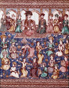 Islamsk kunst: musikere og dansere ved domstolen i Nasser-al-Din (Nasser al-Din eller Nasser al-Din, men også Nassereddin eller Nassiruddin av Islamic School
