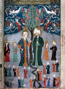 Islamsk representasjon av Adam og Eva Miniatyr fra manuskriptet "Zubdat al Tawarikh" (Zubdat al Tawarikh) (Creme of Stories) av historikeren Seyyid Loqman Ashuri 1538. Tyrkisk og islamsk kunstmuseum Istanbul av Islamic School