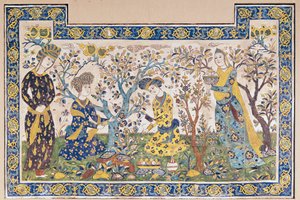 Veggpanel med figurer som slapper av i en hage, fra Tchehel Sutun eller Pavilion of Forty Columns bygget av Shah Abbas II (1642-66), persisk, fra Isfahan, Iran (keramiske fliser) av Islamic School