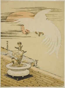 Hane som flyr over potten av Adonis av Isoda Koryusai