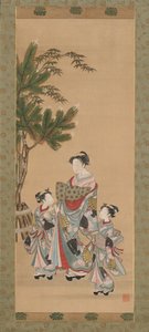 Kurtisane og to betjenter på nyttårsdag, ca. 1780-årene. av Isoda Koryusai