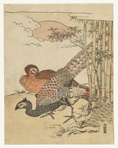 Fasanpar ved bambus og stigende sol av Isoda Koryusai