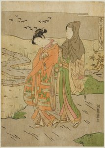 Gjess fallende på Sumida-elven (Sumidagawa no rakugan), fra serien "Eight Views of Prosperity in the Eastern Village (Azuma no sato eiga hakkei)" av Isoda Koryusai