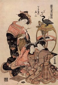 Japansk kurtisane i kimono tar en kopp te av Isoda Koryusai
