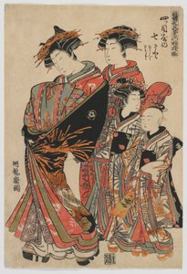 Modeller for mote: Nye design som ferske unge blader: Courtesan Nanasato fra Yotsumeya med hennes ledsagere Nanaji og Satoji, Edo-perioden, 1778-80 (farget treblokktrykk)