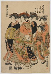 Motemodeller: Nye design som ferske unge blader: Courtesan Tagasode of Daimonjiya med Katsuru, Tomeki og Attendants, Edo-perioden, 1778-80 (farget treblokktrykk) av Isoda Koryusai
