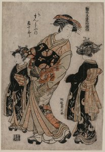 Kurtisanen Kichijuro fra Kage Manjiya med Two Kamuro ..., sent på 1770-tallet. av Isoda Koryusai