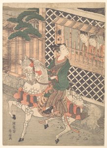 Ung samurai til hest og kvinner ved et vindu av Isoda Koryusai